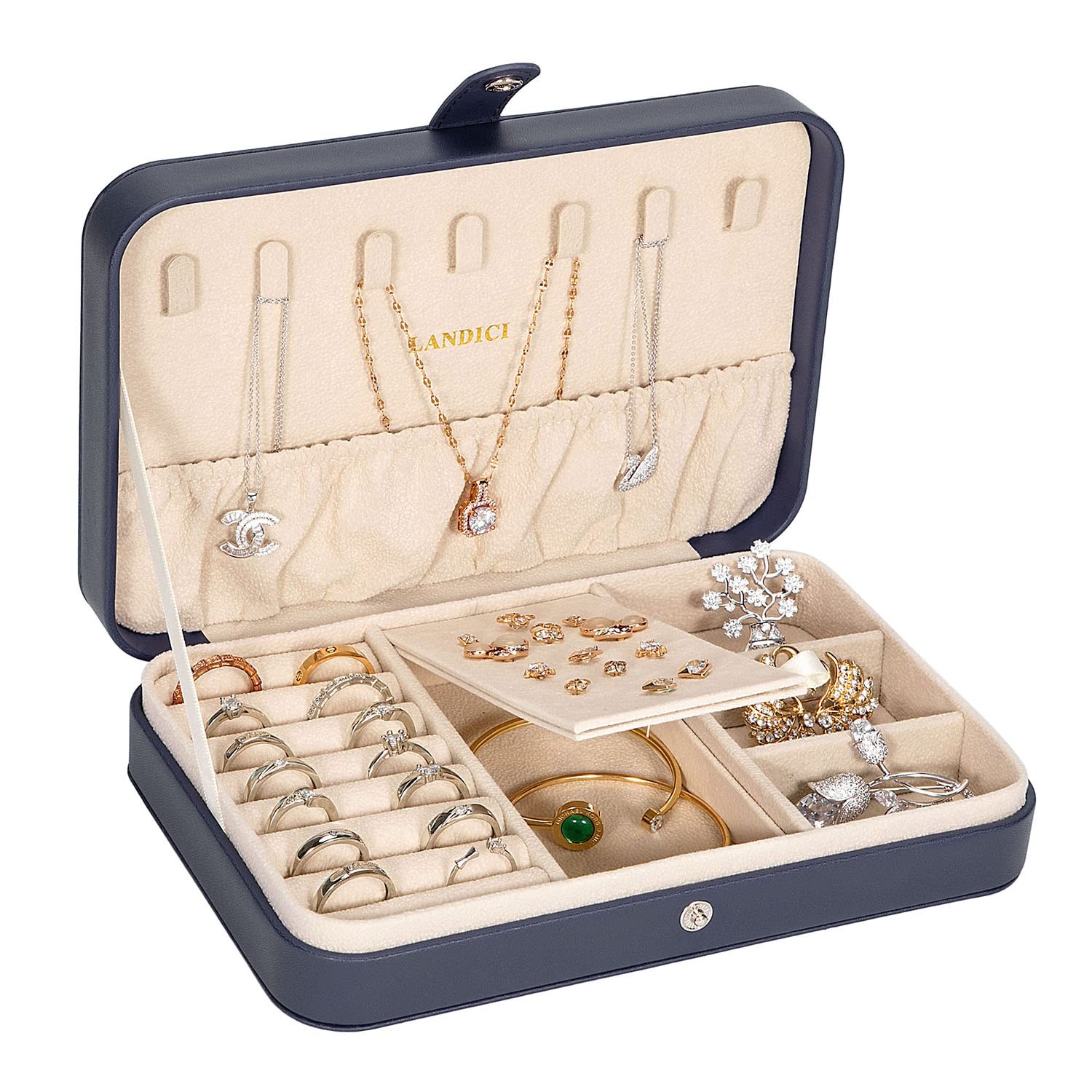 LANDICI Small Jewelry Box for Women 8.26(L)x5.5(W)x1.7(H) inch, Dark Blue