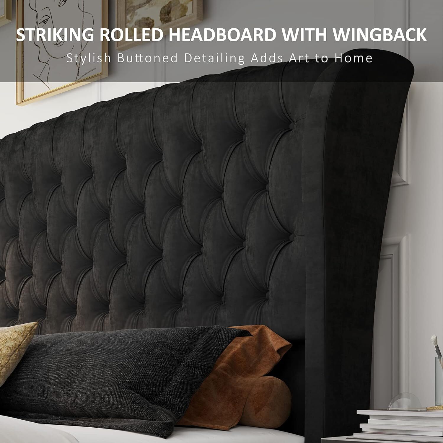 Queen Platform Bed Frame, Chenille Upholstered Sleigh Bed w/Tufted Wingback