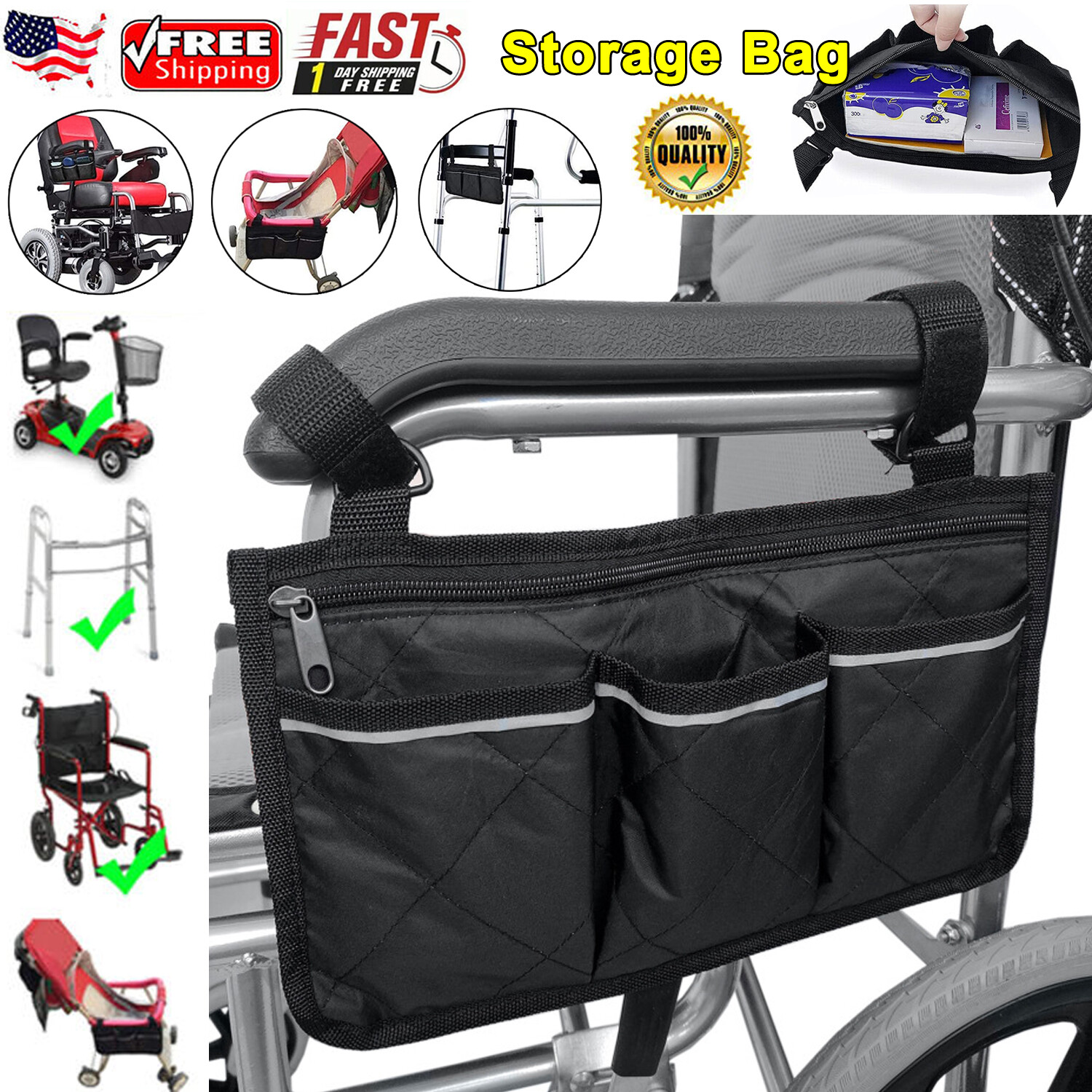 Outdoor Wheelchair Side Pouch Storage Bag Armrest Pocket Organizer Holder Pocket