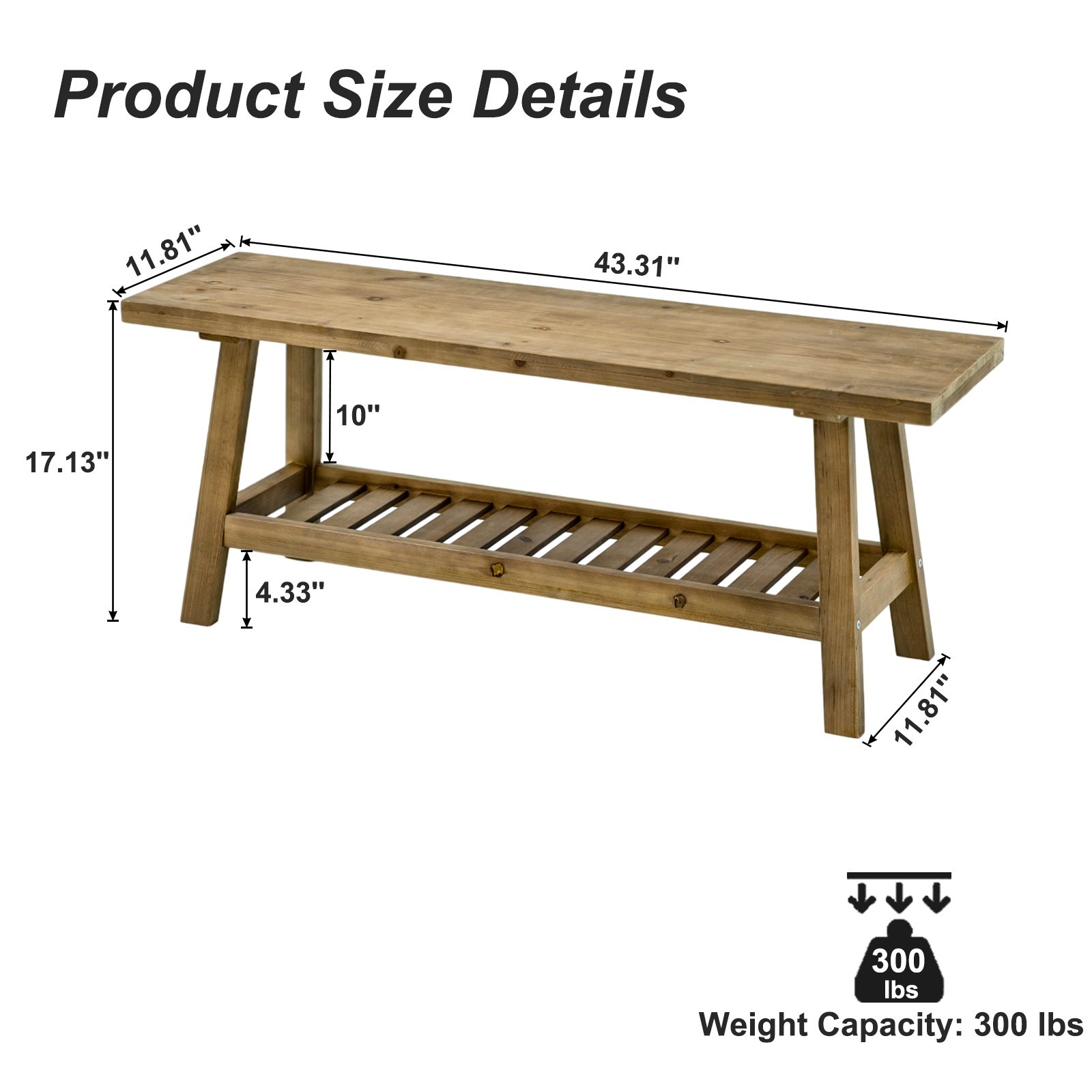 43" Rustic Farmhouse Bench with 2-Tier Open Storage Shelf