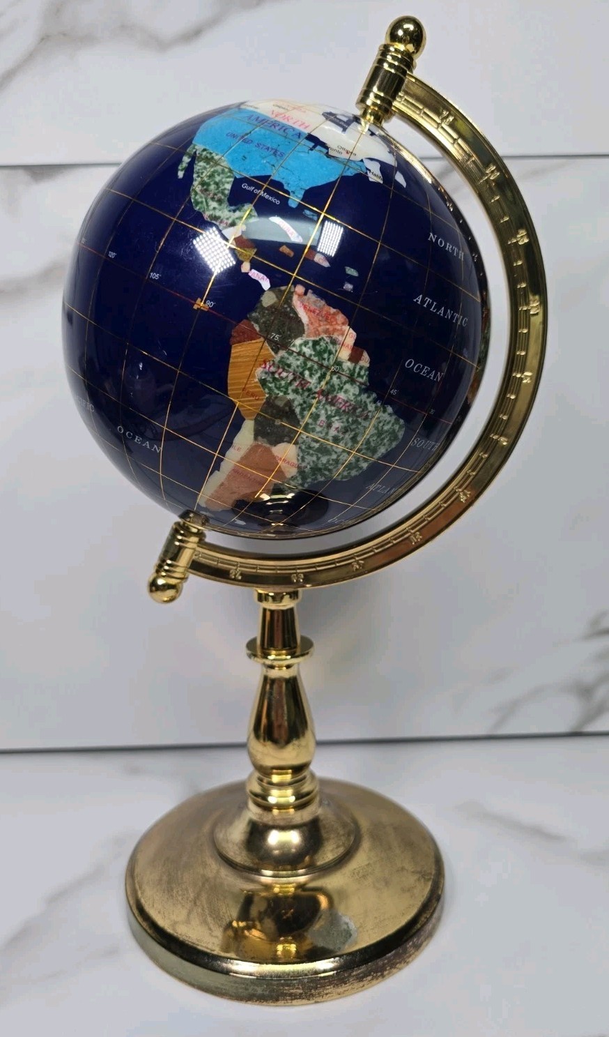 Gemstone Globe Brass Stand Spins Lapis Lazuli & Other Semi-precious Stones 12”