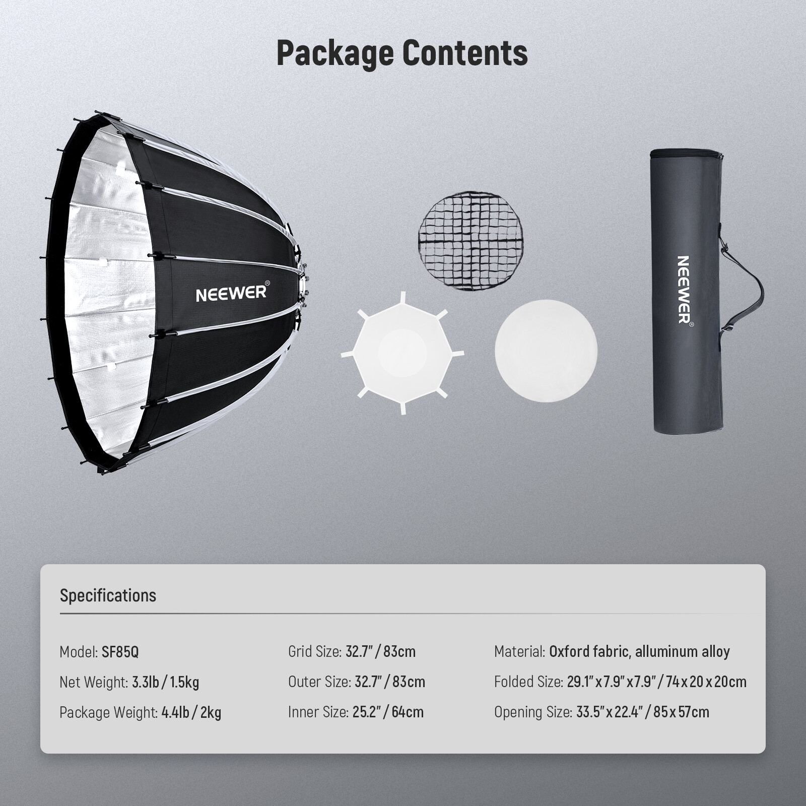 NEEWER 85cm Parabolic Softbox Quick Set up Quick Folding with Diffusers/Bag