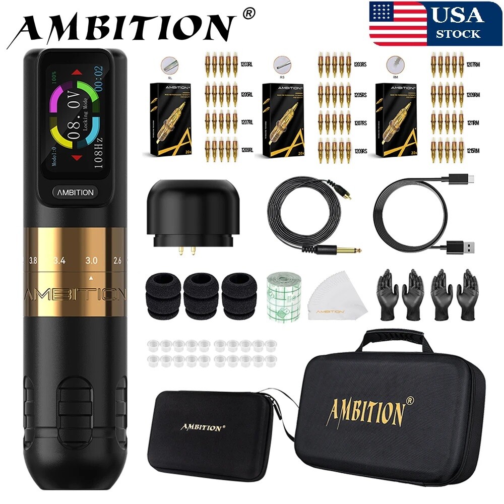 Ambition Seher Kit Wireless Tattoo Machine Pen 2.2-4.2mm Adjustable Stroke USA