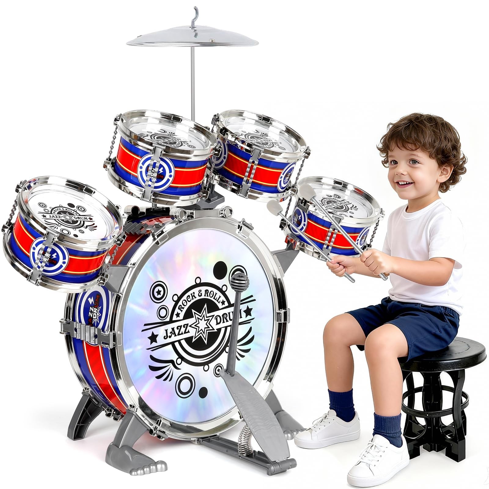 Kids Drum Set for Toddlers 1–3, Light-Up 5pcs Beginner Drum Set with Stool