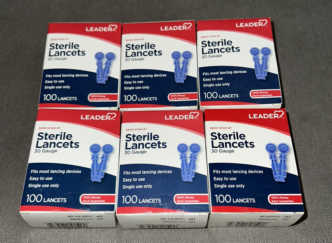 Leader Sterile Lancets 30 Gauge EXP. 2025 LOT OF 6 BOXES- 600 Lancets