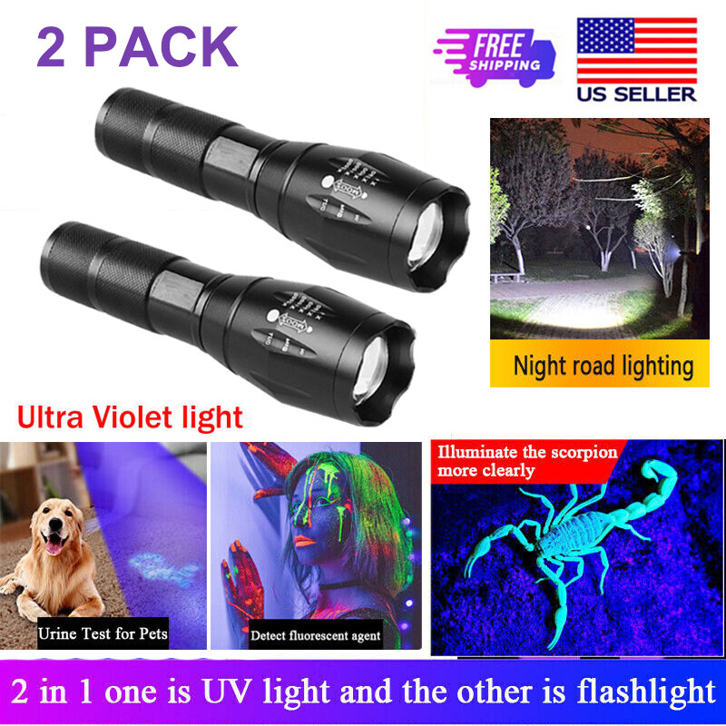 2pcs 120000lm UV Torch Ultra Violet Flashlight 2 in 1 Blacklight Light LED Lamp
