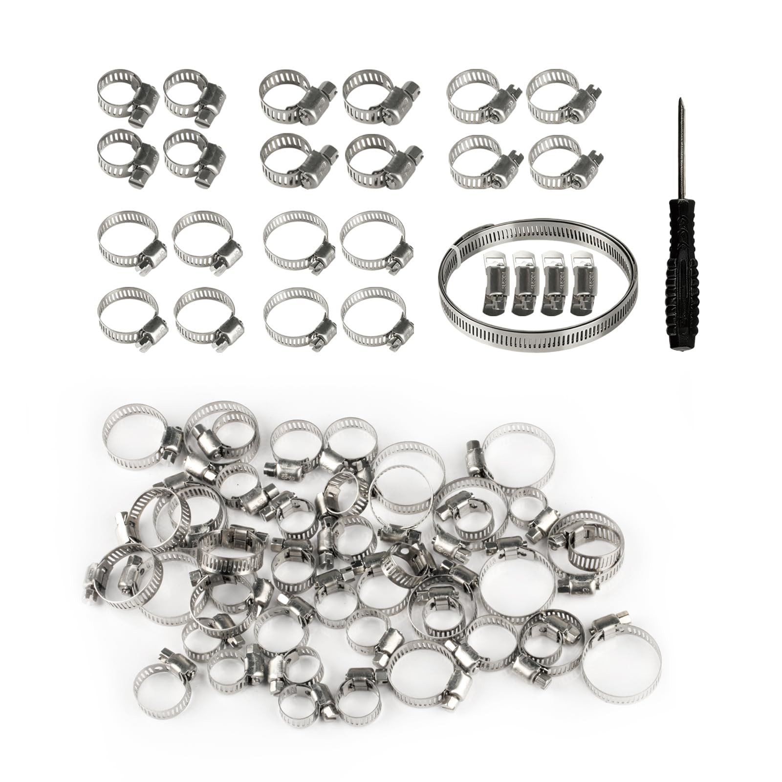 45pcs Hose Clamp Assortment Kit,1/4"-1-1/8"(6-29mm) Adjustable Silver