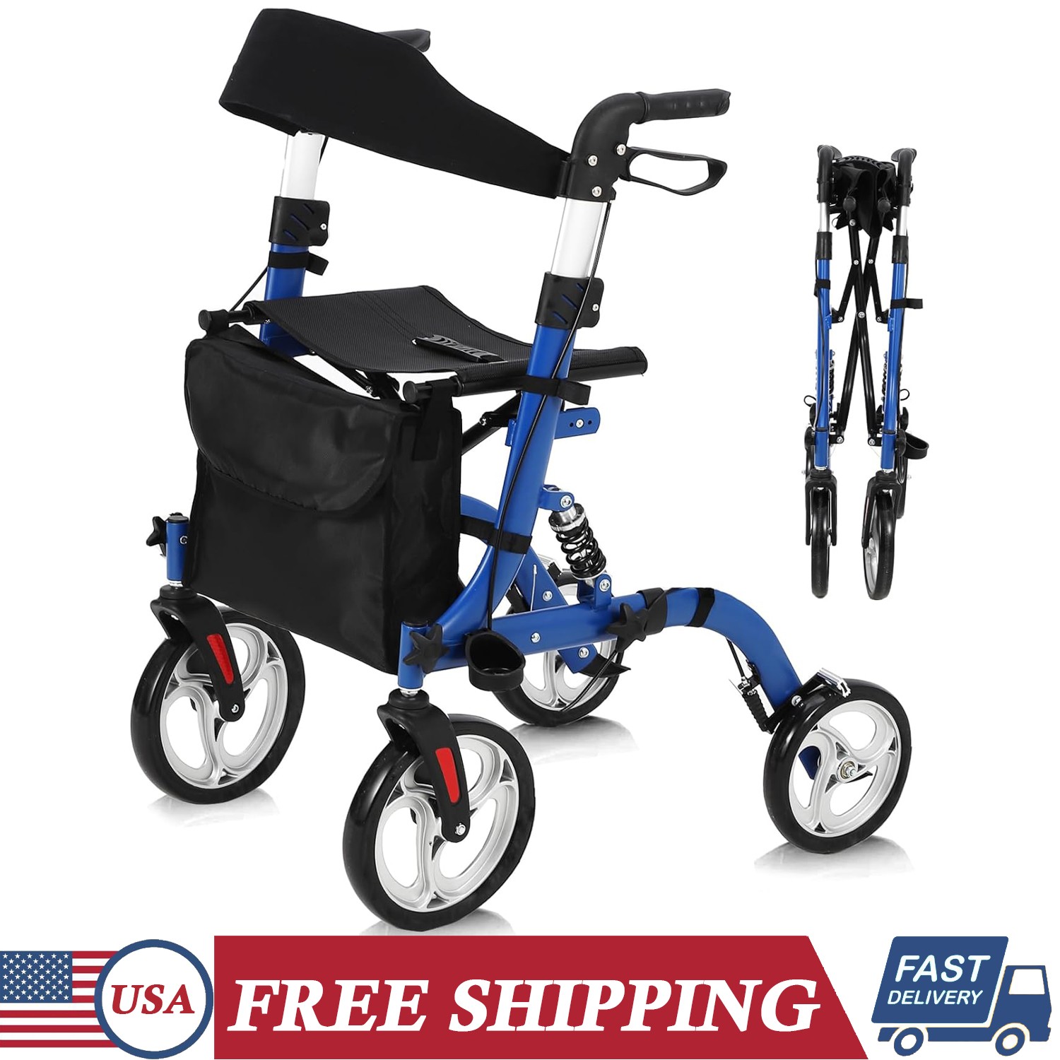 Rollator Walker w/ Seat & Shock Absorber Foldable Adjustable Height for Seniors