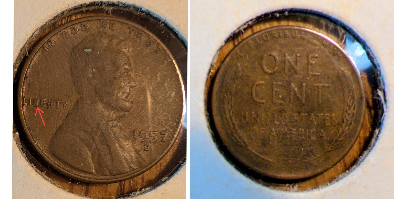 1957 D CENT, CUD ERROR IN "B" IN "LIBERTY" RARE. CIRCULATED CONDITION, BROWN