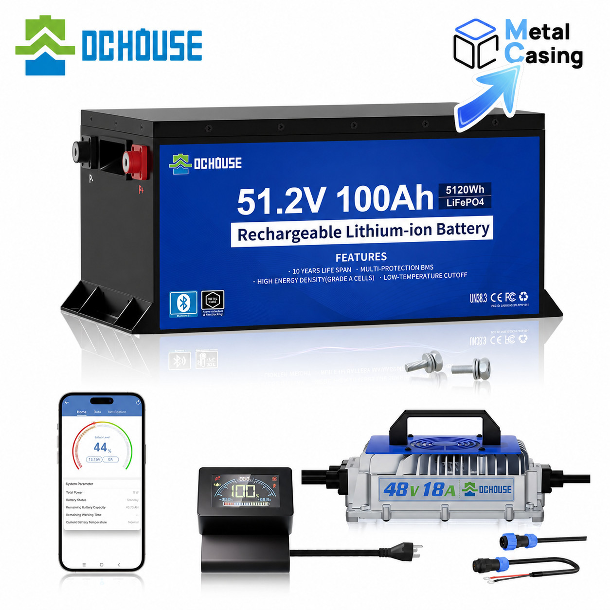 DC HOUSE Metal Case 48V 100Ah LiFePO4 Lithium Golf Cart Battery + 18A Charger