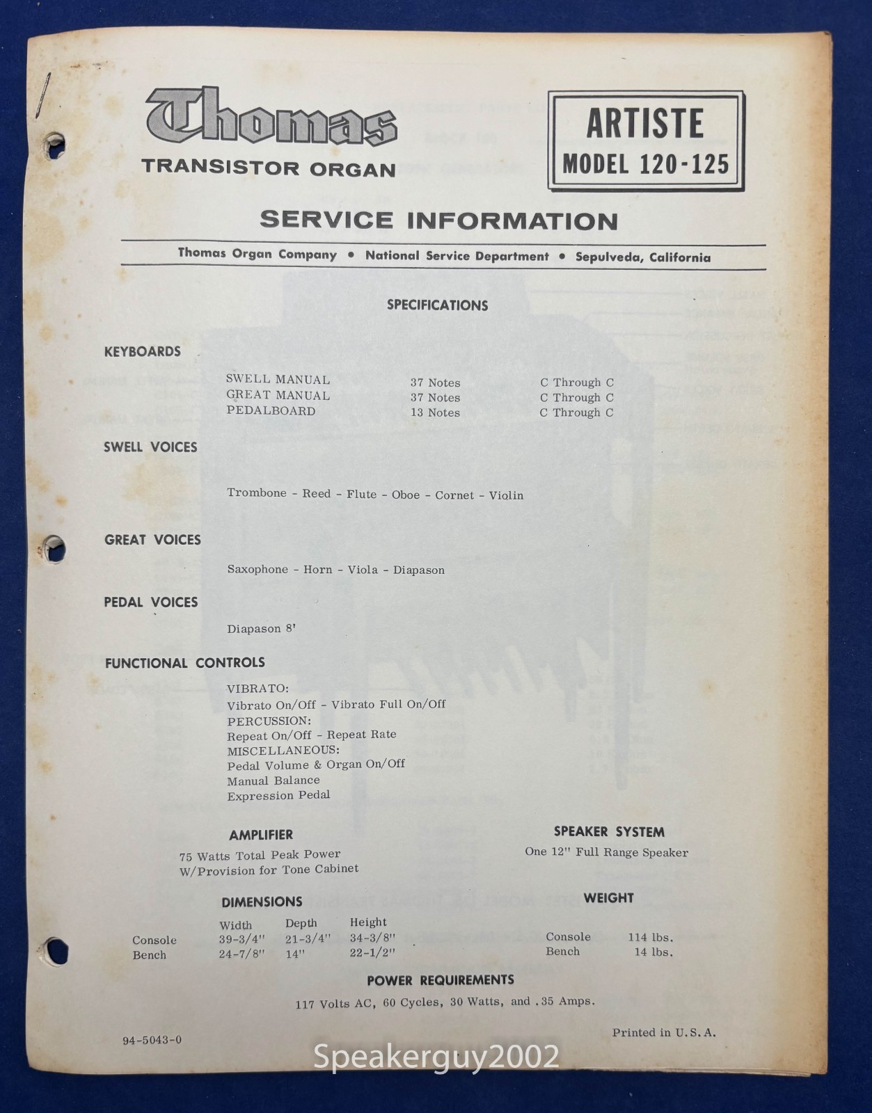 Original Thomas Organ Service Manual / Artiste 120 125 -- #4