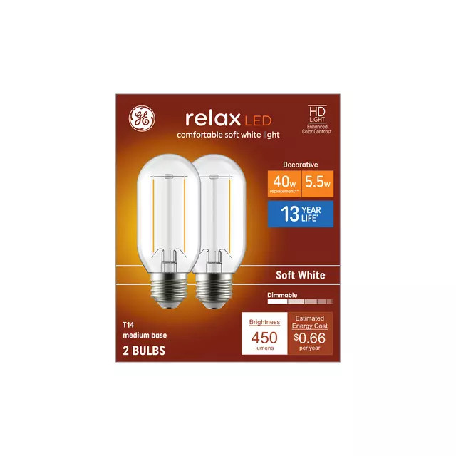 GE Relax LED SOFT White Light  T14 Med. base 450 Lumens 40w Rep. use 5.5 2 Bulbs