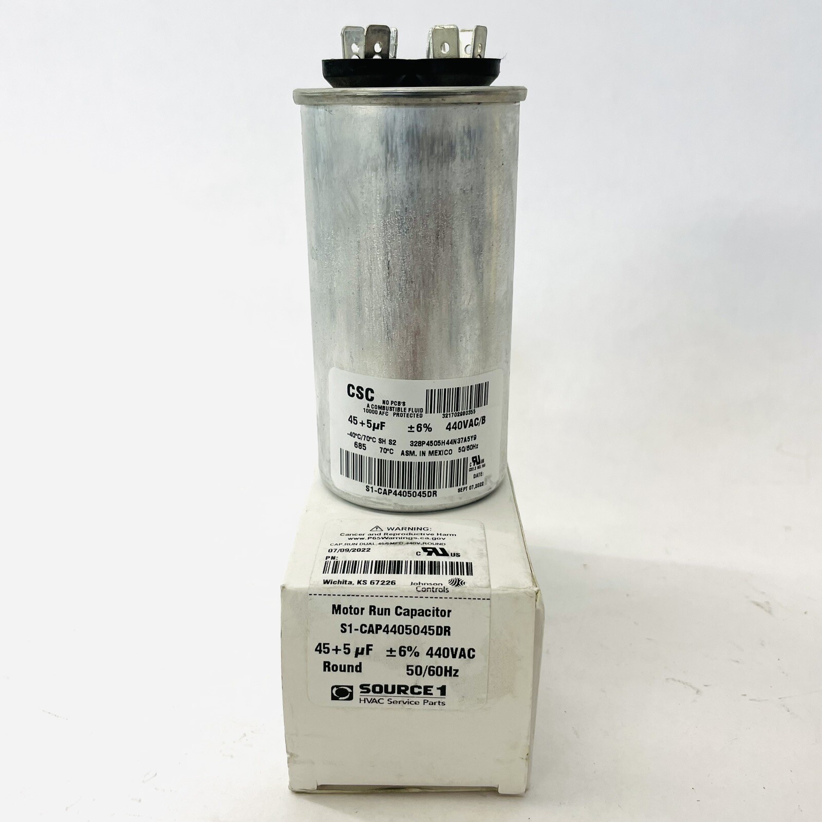 SOURCE1 ROUND MOTOR RUN CAPACITOR 45/5UF 440VAC - S1-CAP4405045DR