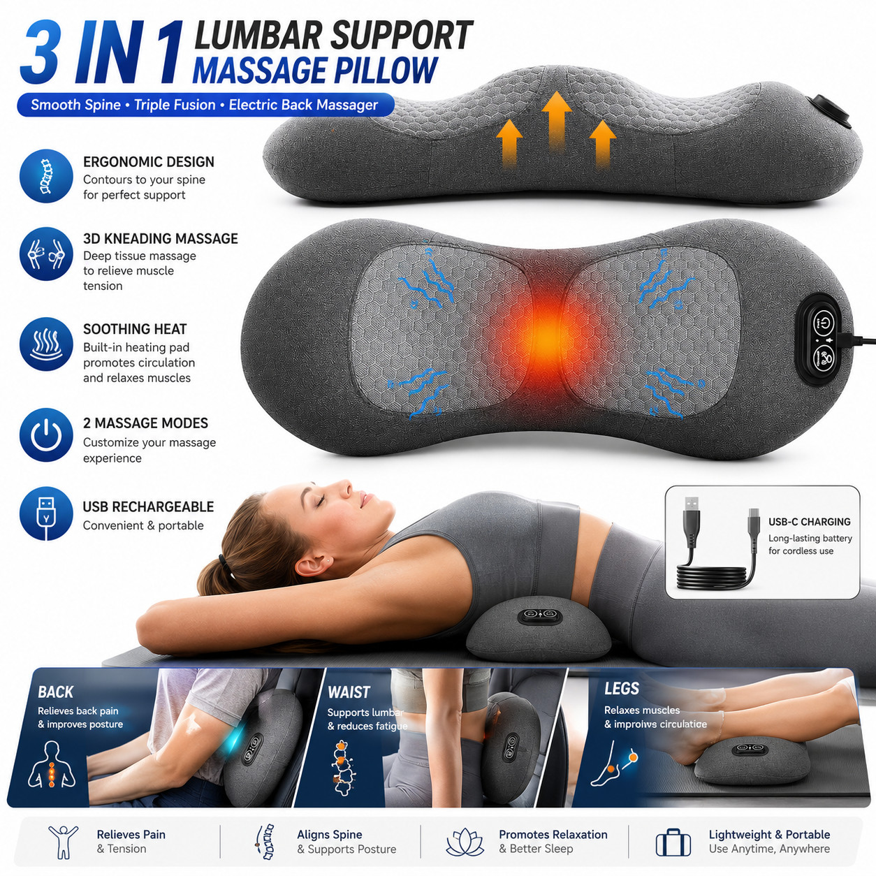 3 In 1 Lumbar Support Pillow Smooth Spine Triple Fusion Electric Back Massager