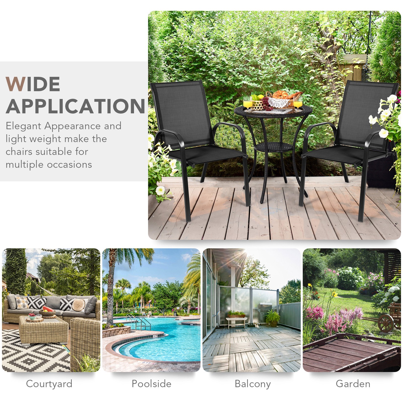 Set of 4 Patio Chairs Dining Chairs w/ Steel Frame Yard Outdoor Black