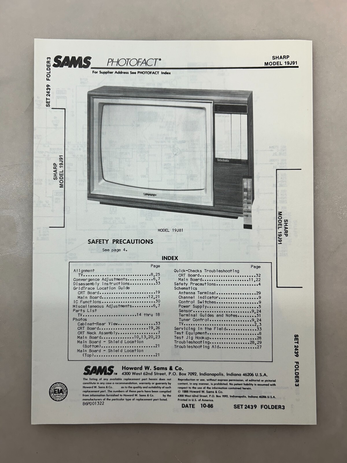 Sharp 19J91 Service Manual Sams Photofact Free Shipping
