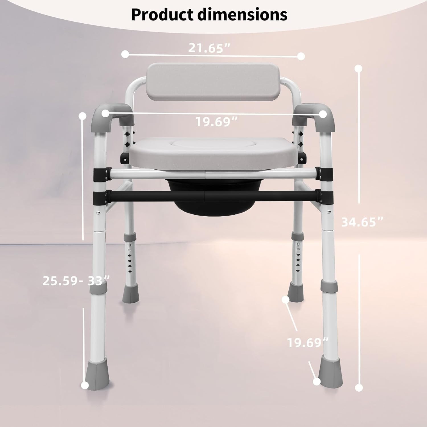 Adjustable Medical Bedside Commode Chair with Padded Backrest, Drop Arm Support