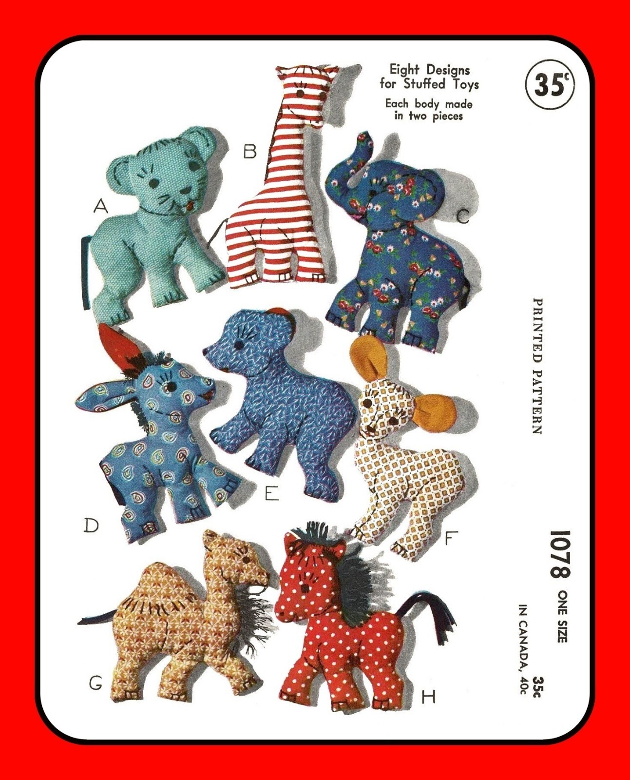 Stuffed Animals Pattern 1078 Vtg 1943 Pony Lion Bear Lamb Elephant more 7.5"-10"