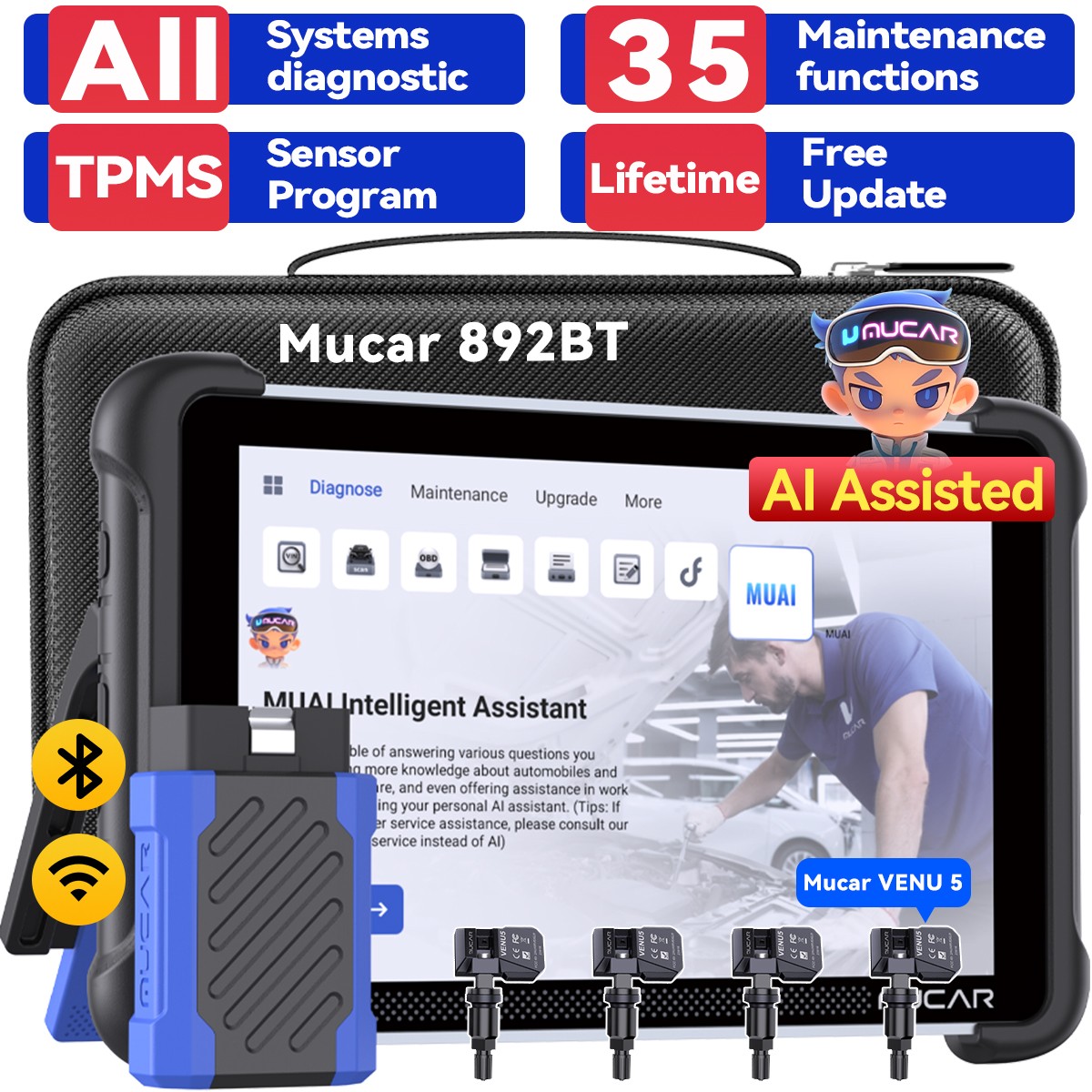 MUCAR 892BT W/VENU 5 TPMS Sensor Car Diagnostic Tool AI Assisted OBD2 Scanner