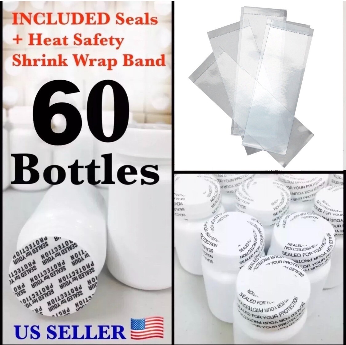 WHOLESALE 60x Empty White Pill Bottles Tablet Capsule Container/Jar/60ML/cc Seal