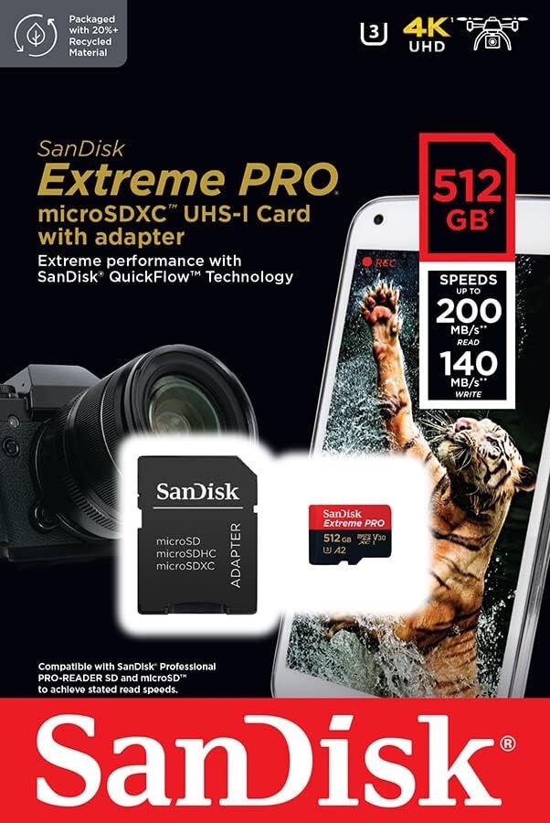 SanDisk 512GB Micro SD SDXC MicroSD Class 10 Extreme PRO 200MB/s SDSQXCD-512G