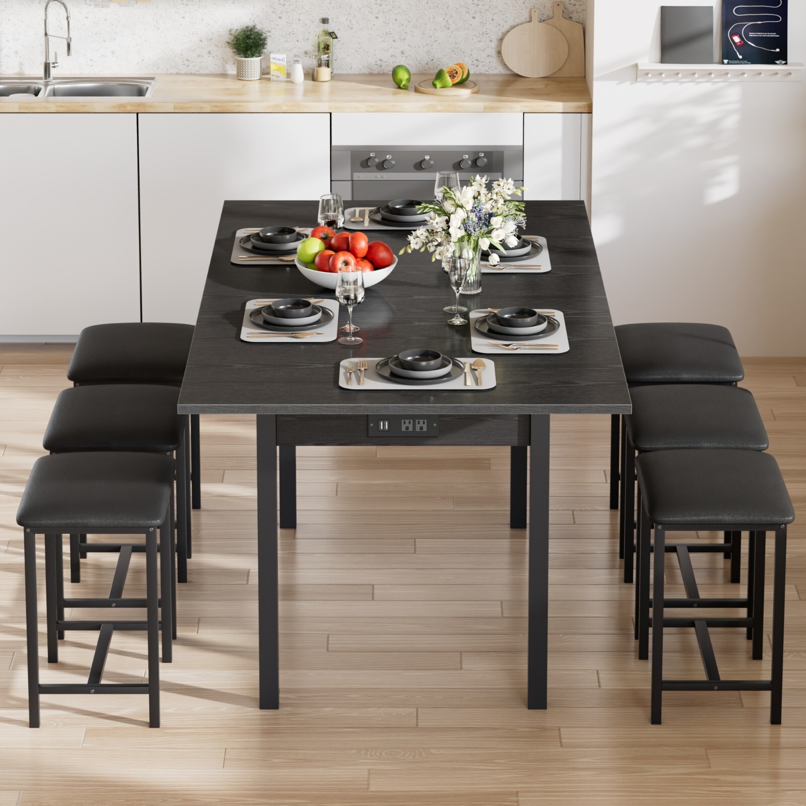 Extendable Dining Table Set with USB Charging, Kitchen Table with 6 Stools Black