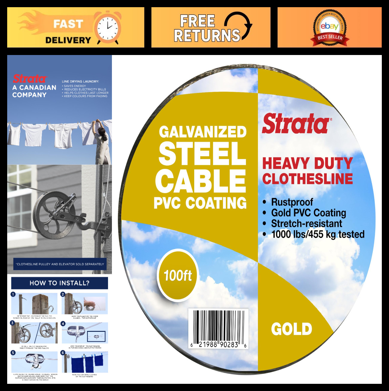Heavy Duty 100FT Outdoor Clothesline - Rustproof, Stretch-Resistant, 455KG Capac