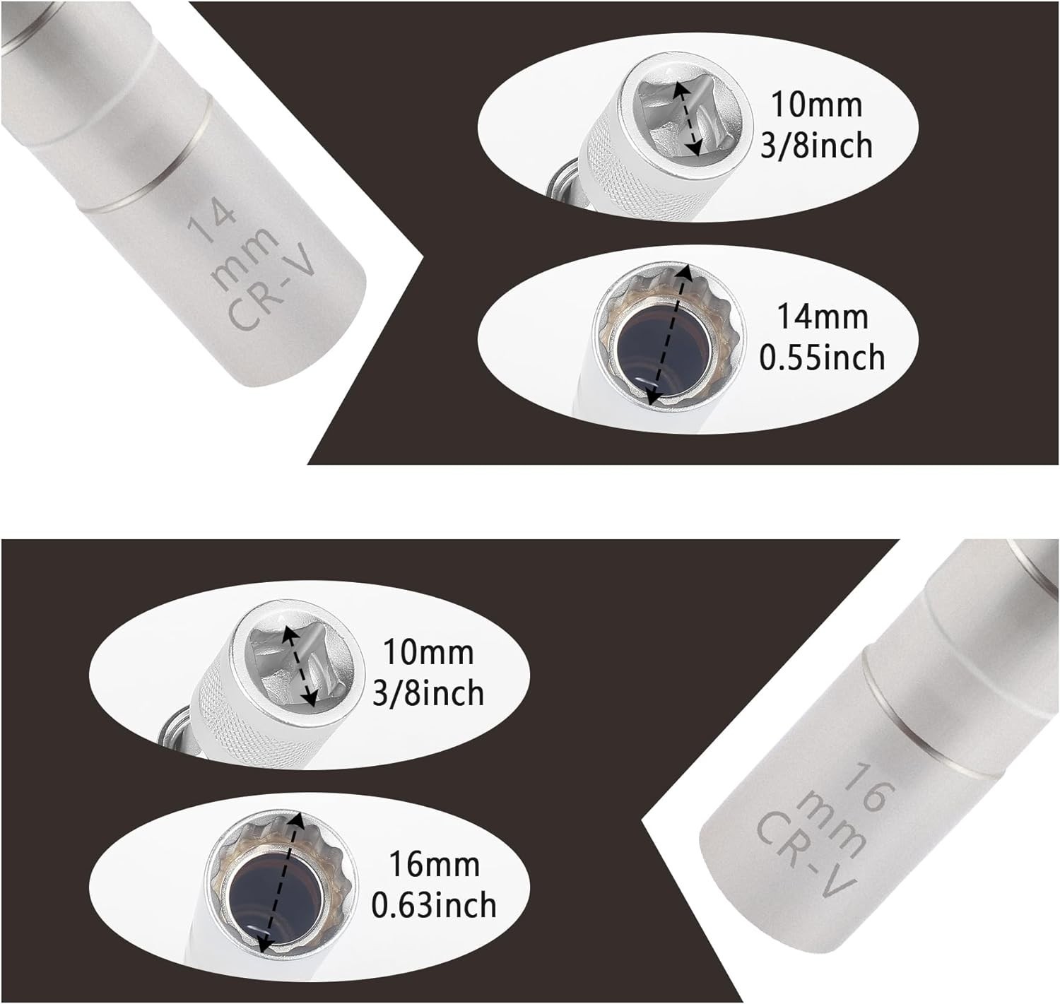 14mm & 16mm Thin Wall Magnetic Swivel Spark Plug Socket 12-Point Removal Tool