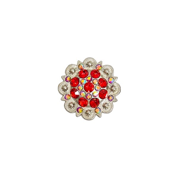 1 1/2" Flower Concho with Red Rhinestones and screw back.