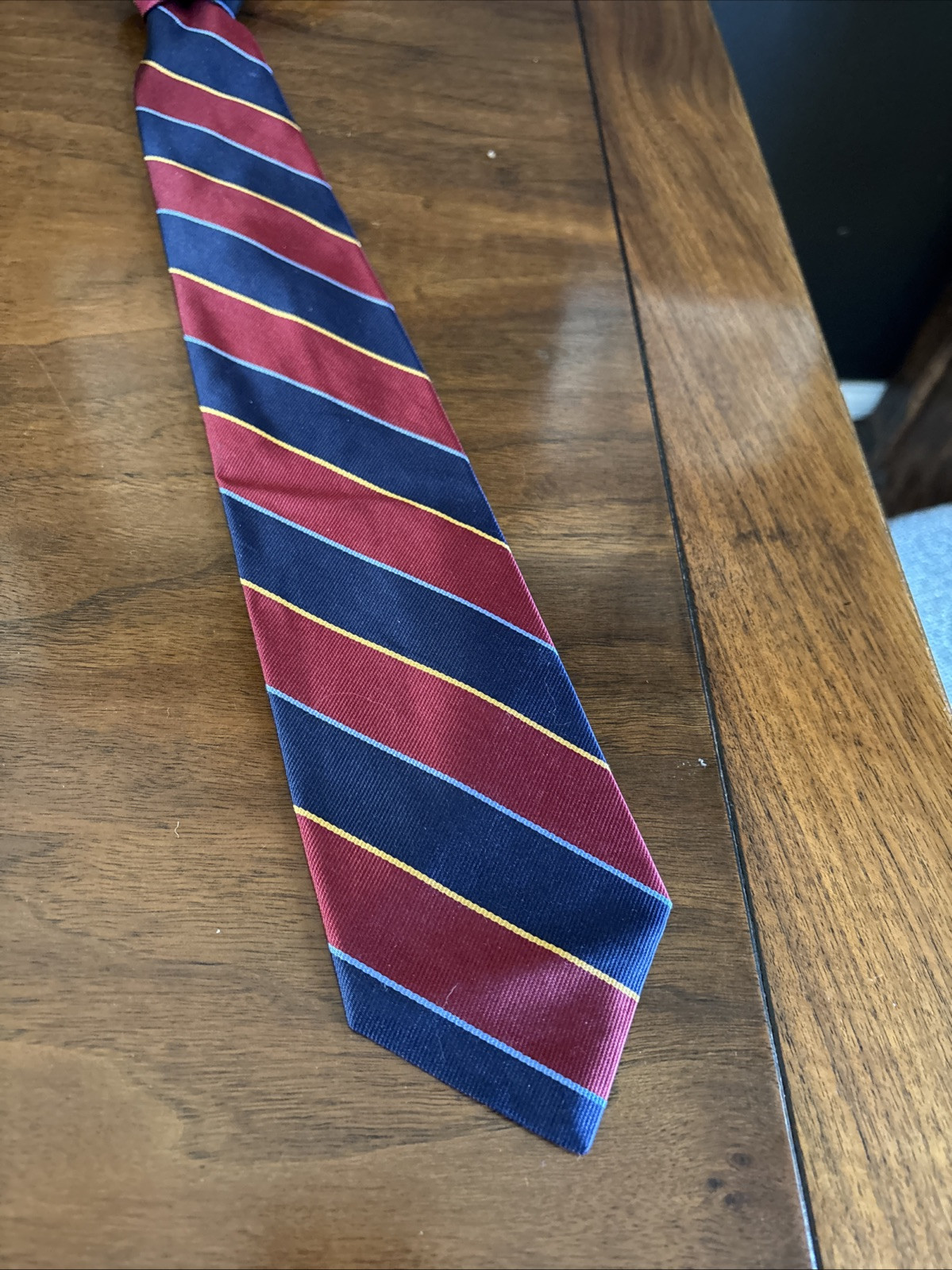 Brooks Brothers Burgundy w/Navy & Gold Bias Stripes Silk Necktie