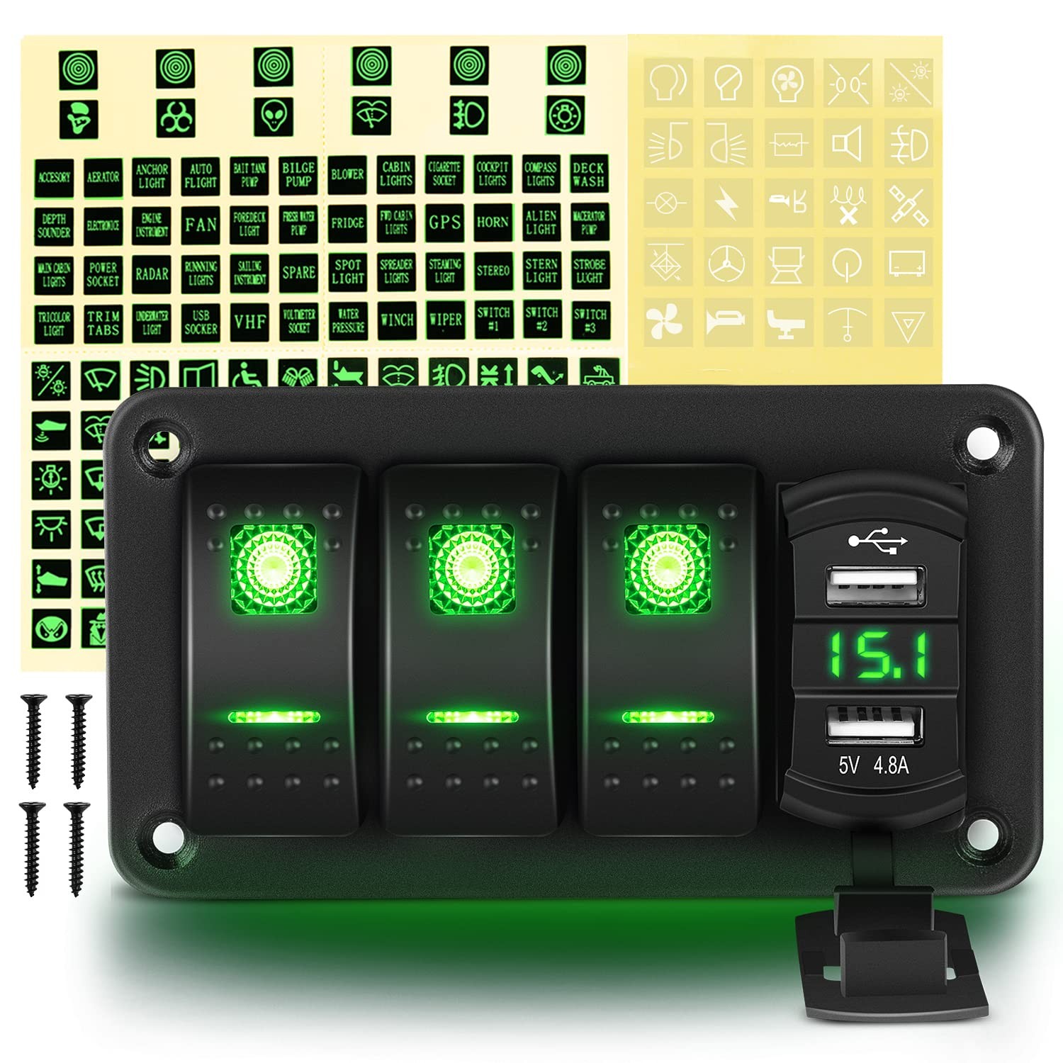 3 Gang Rocker Switch Panel Green Backlit with 4.8 Amp Dual USB Charger Voltmeter