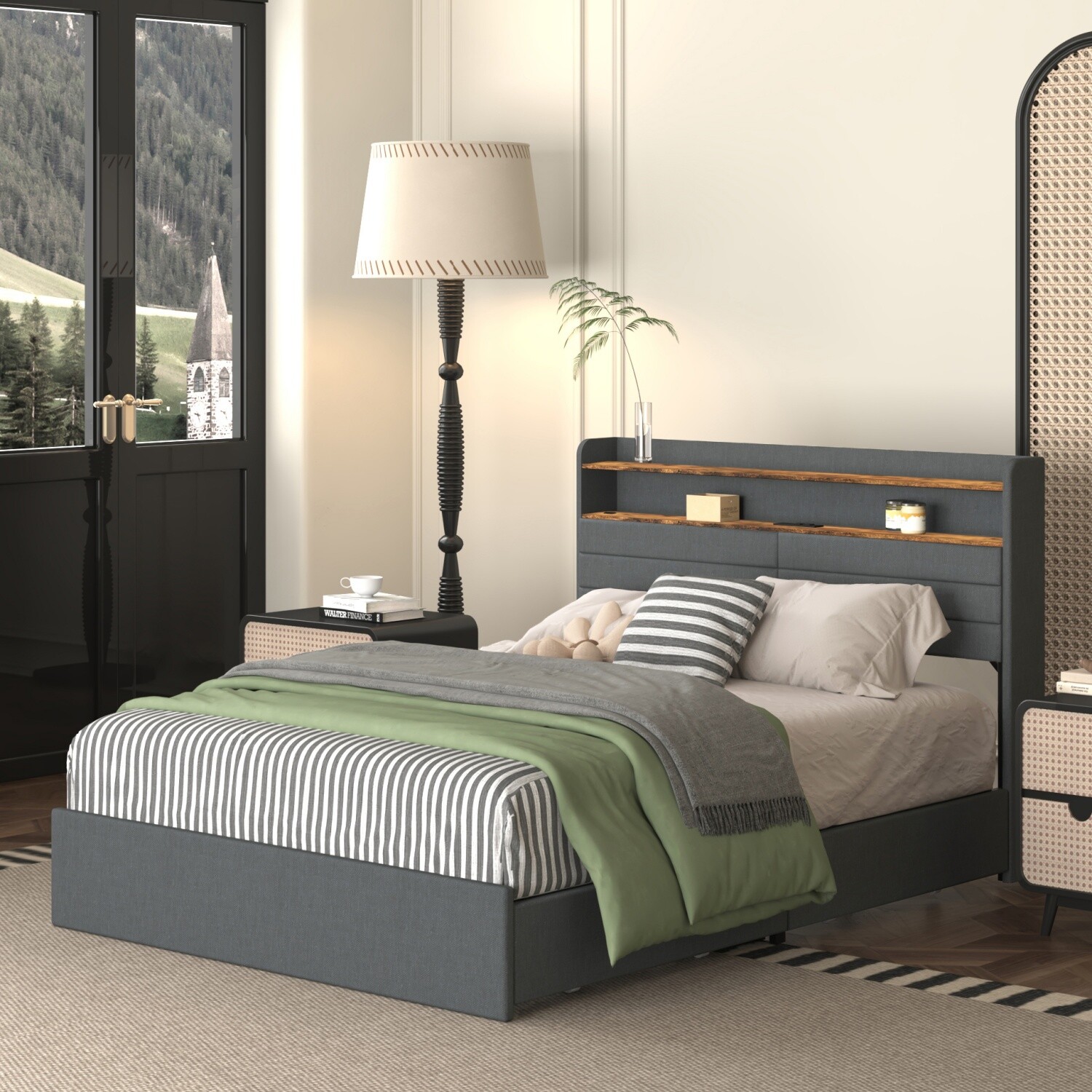 Full/Queen Size LED Bed Frame Upholstered Platform Bed w/ 4 Drawers & Headboard