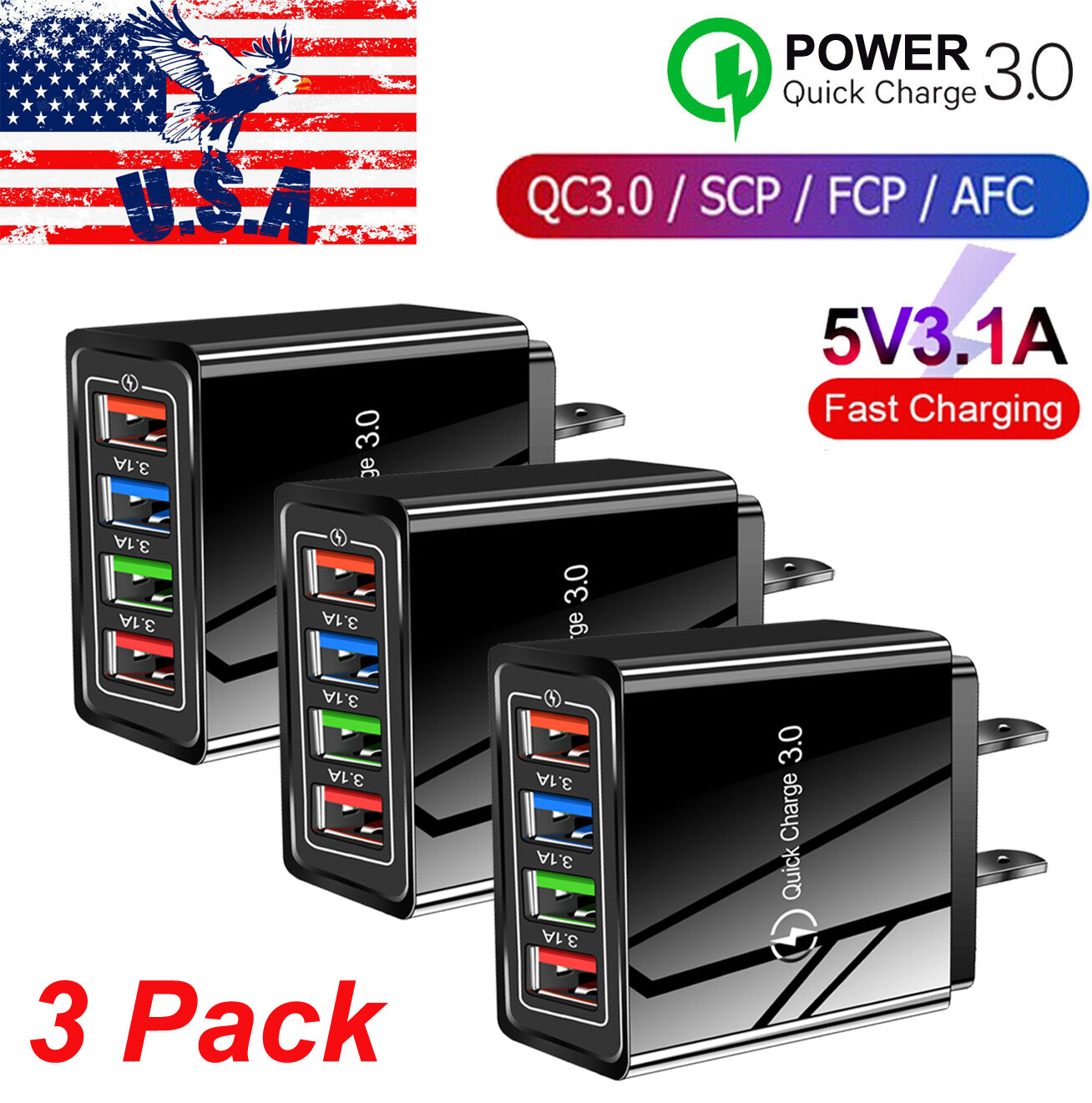 3PCS 4 Port Fast Quick Charge QC 3.0 USB Hub Wall Charger Power Adapter US Plug