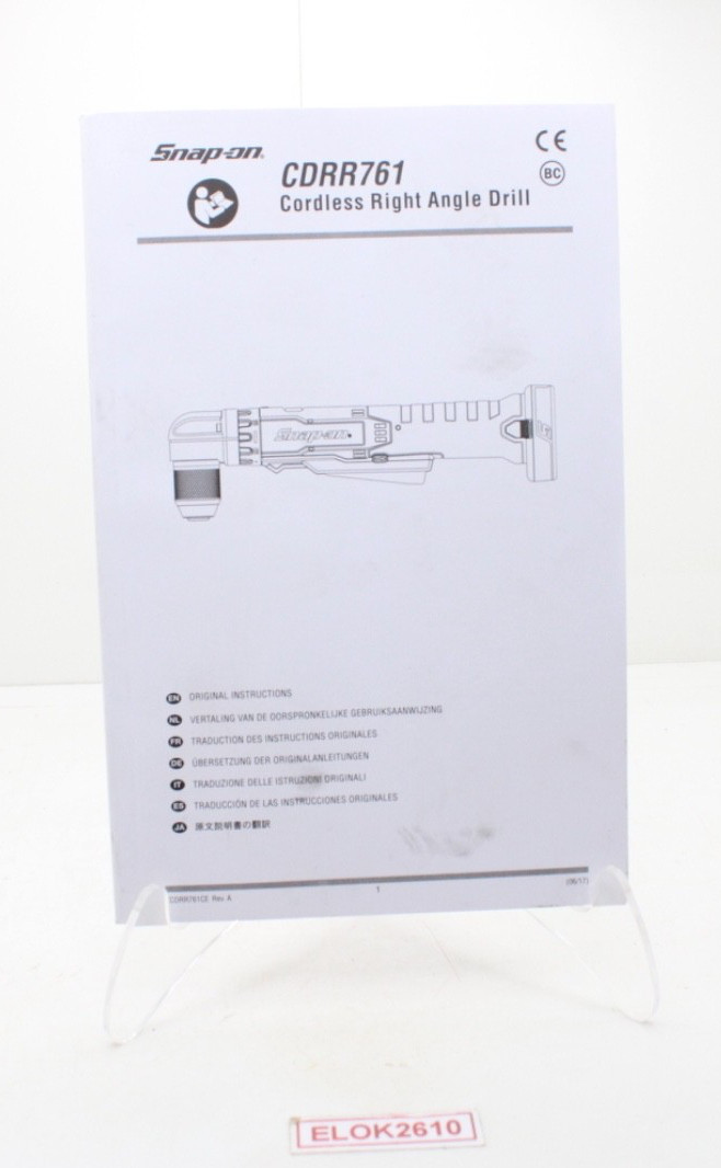 Snap-on ZCDRR761CE Manual For CDRR761 Cordless Right Angle Drill Original USA