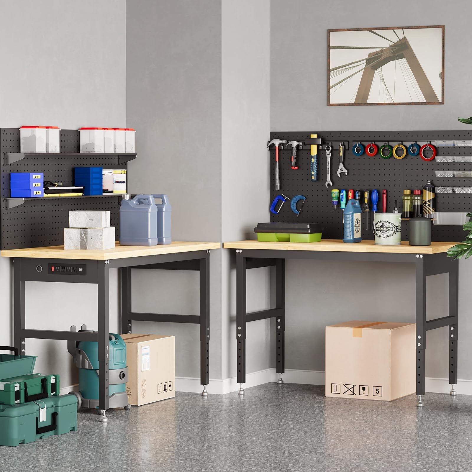 48" Workbench with Pegboard Wall,2000lbs Garage Table, 28-40" Adjustable Height