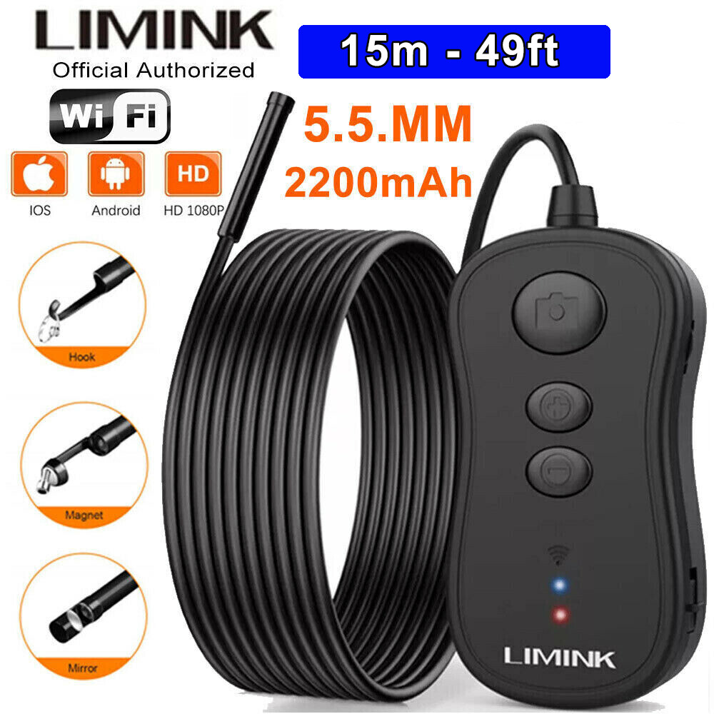Wireless Endoscope 2200mAh Borescope Semi-rigid Cable Inspection 15m 49ft Cam