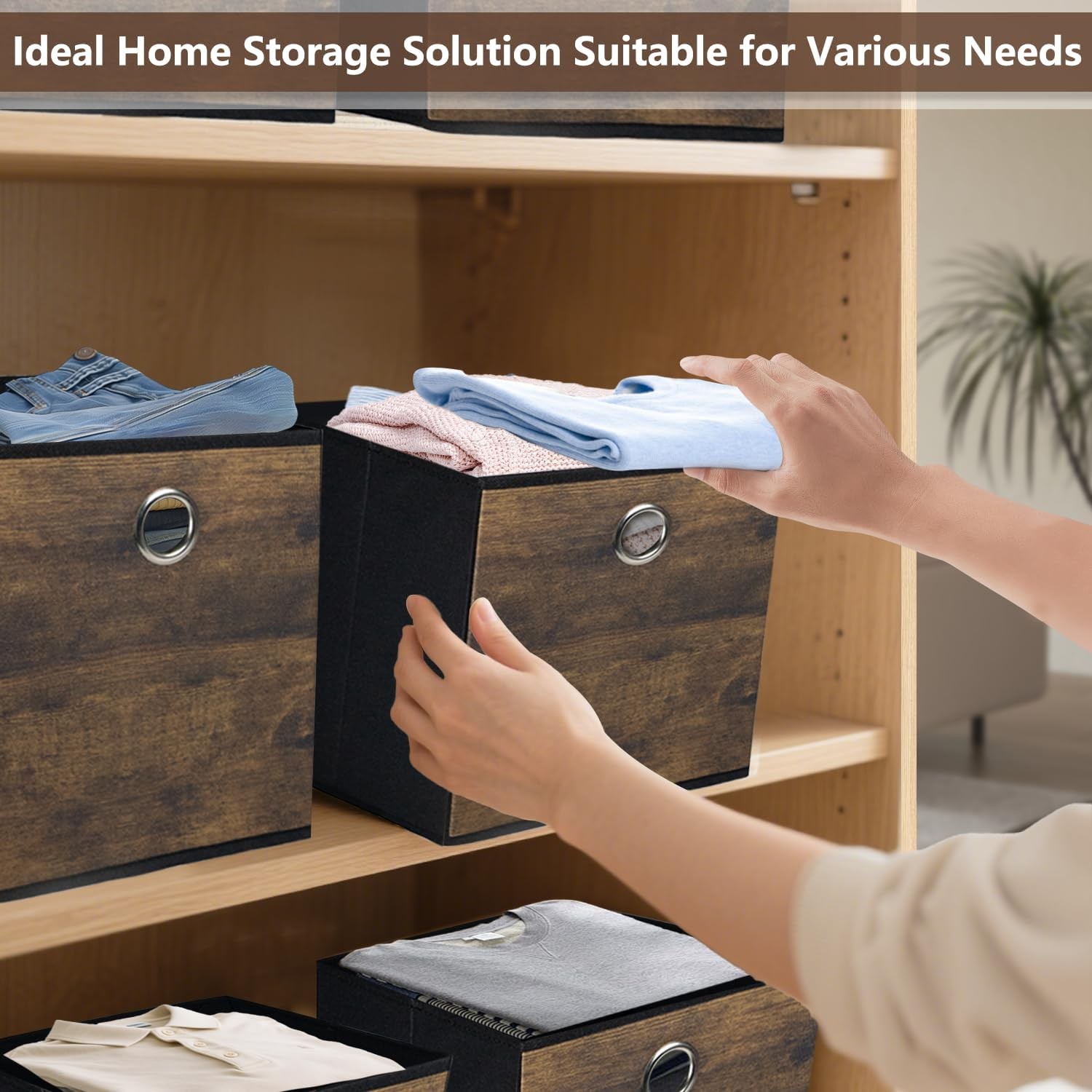 Wood grain thickened fabric storage box, foldable storage cube decorative box