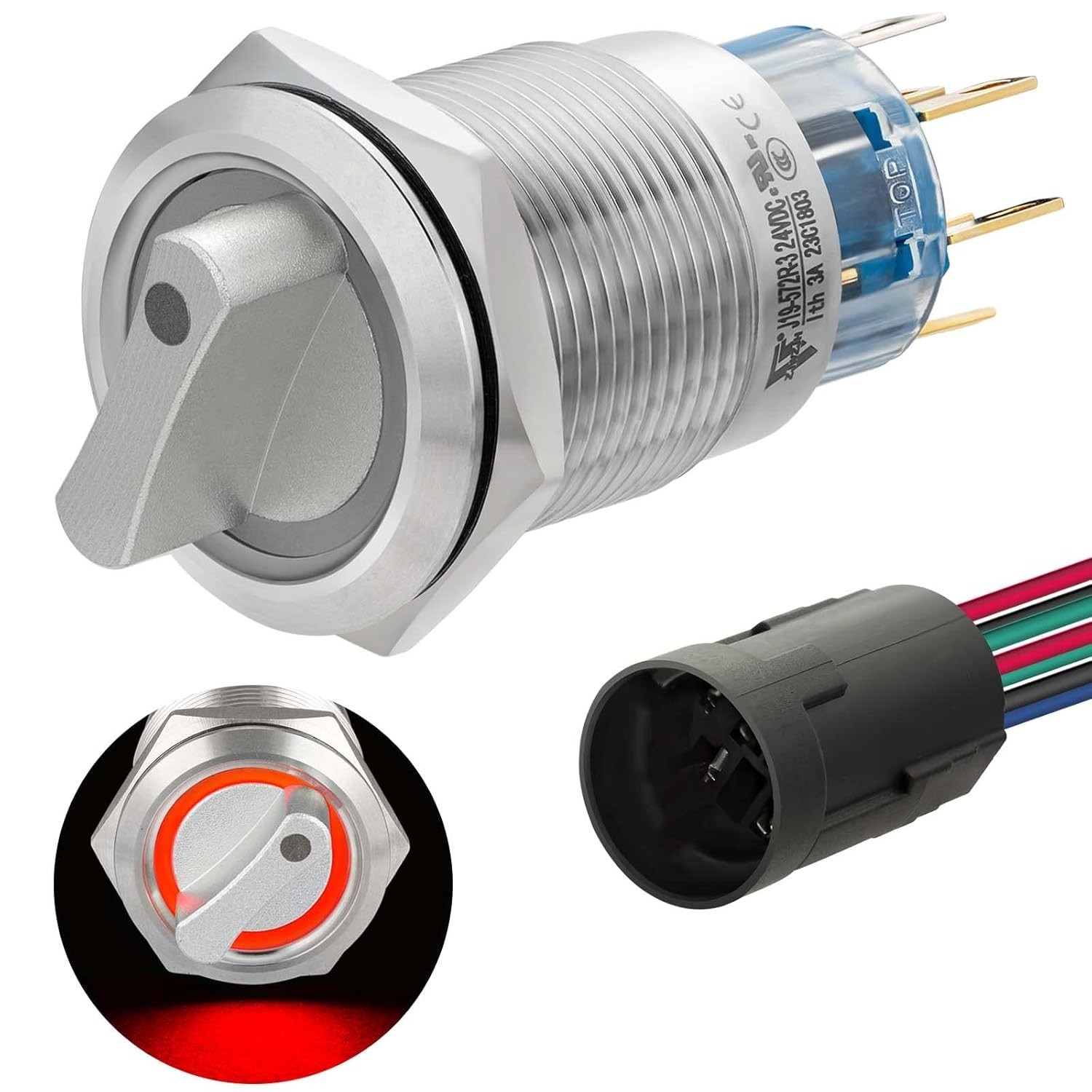 Rotary Switch 3 Position 12V-24VDC/AC 19mm 3/4 RED LED Light Latching Selecti...