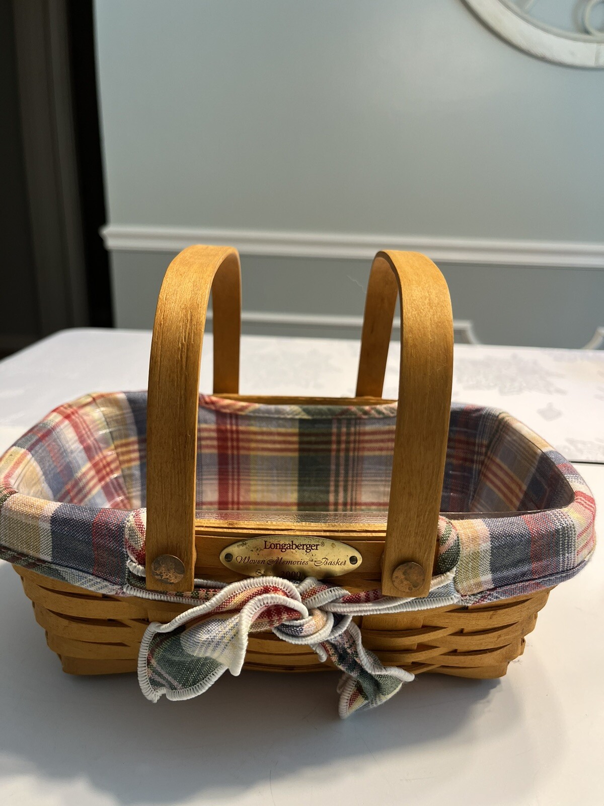 Longaberger Woven Memories 2000 Basket Double Handles w Plaid Liner & Protector