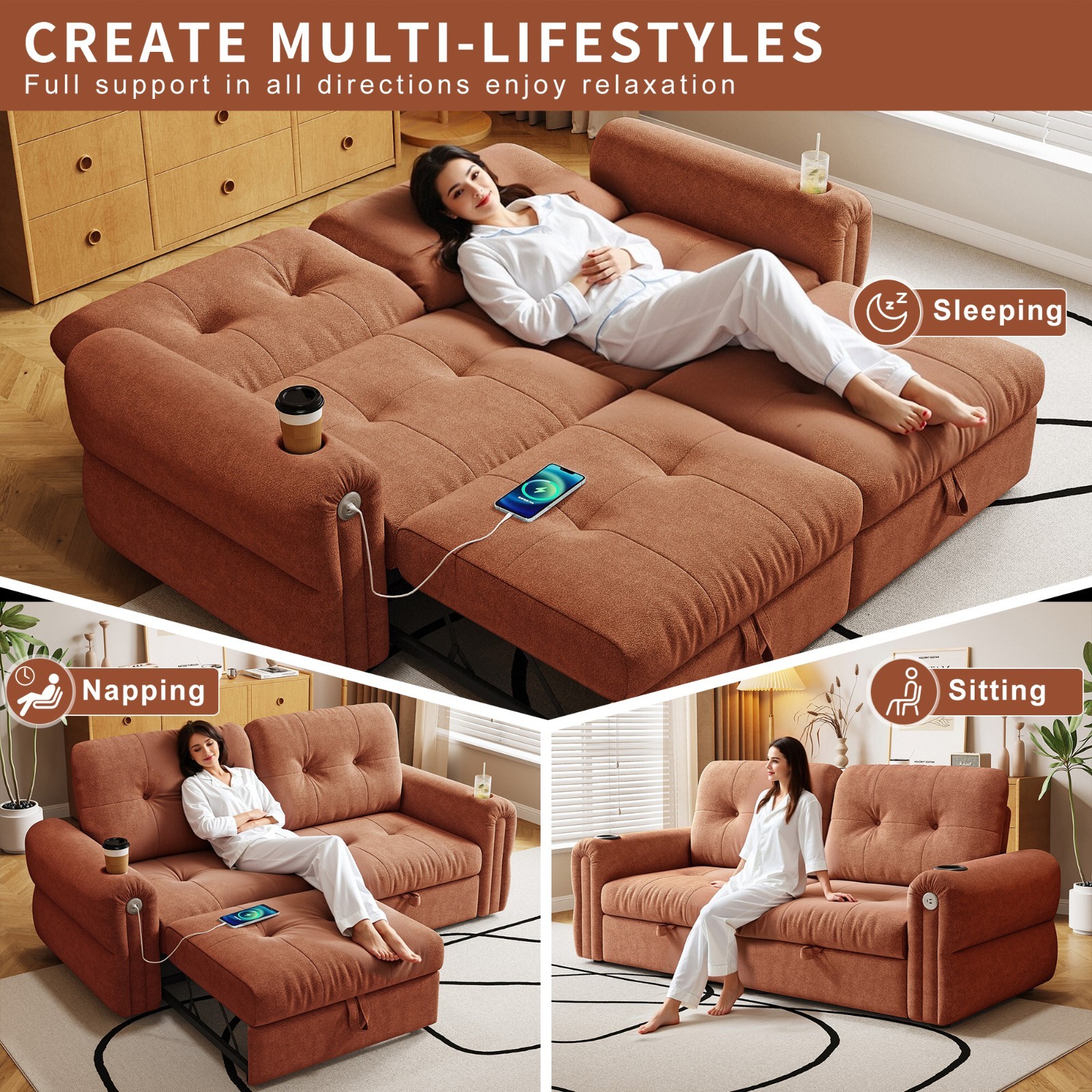 80" Sofa Bed Convertible Loveseat Sleeper Sofa w/Cup Holders and USB, Orange