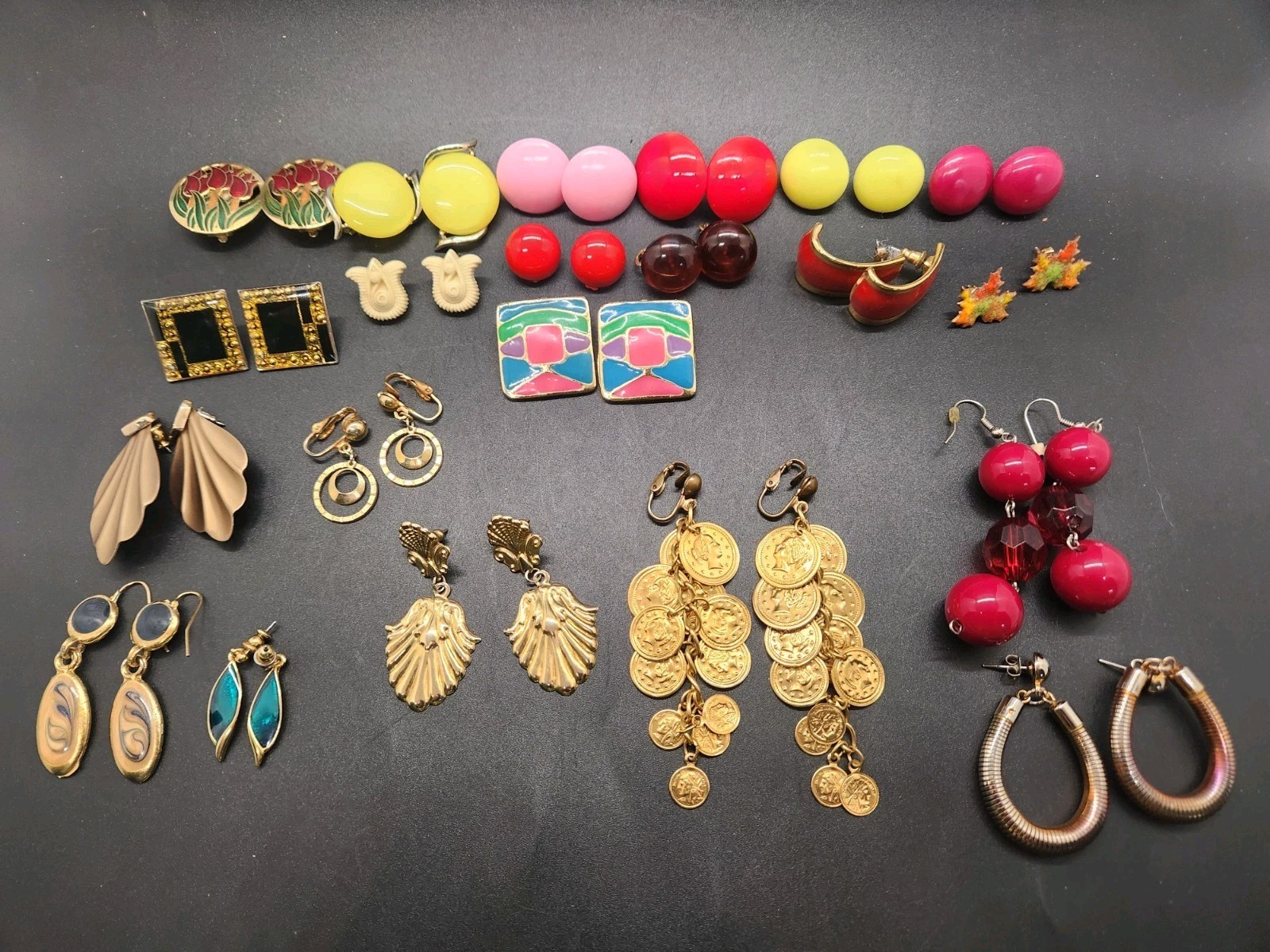 Vintage Lot of 21 Pairs of Earrings Mixed Lot Gold Tones, Plastic, Enamel & 80's