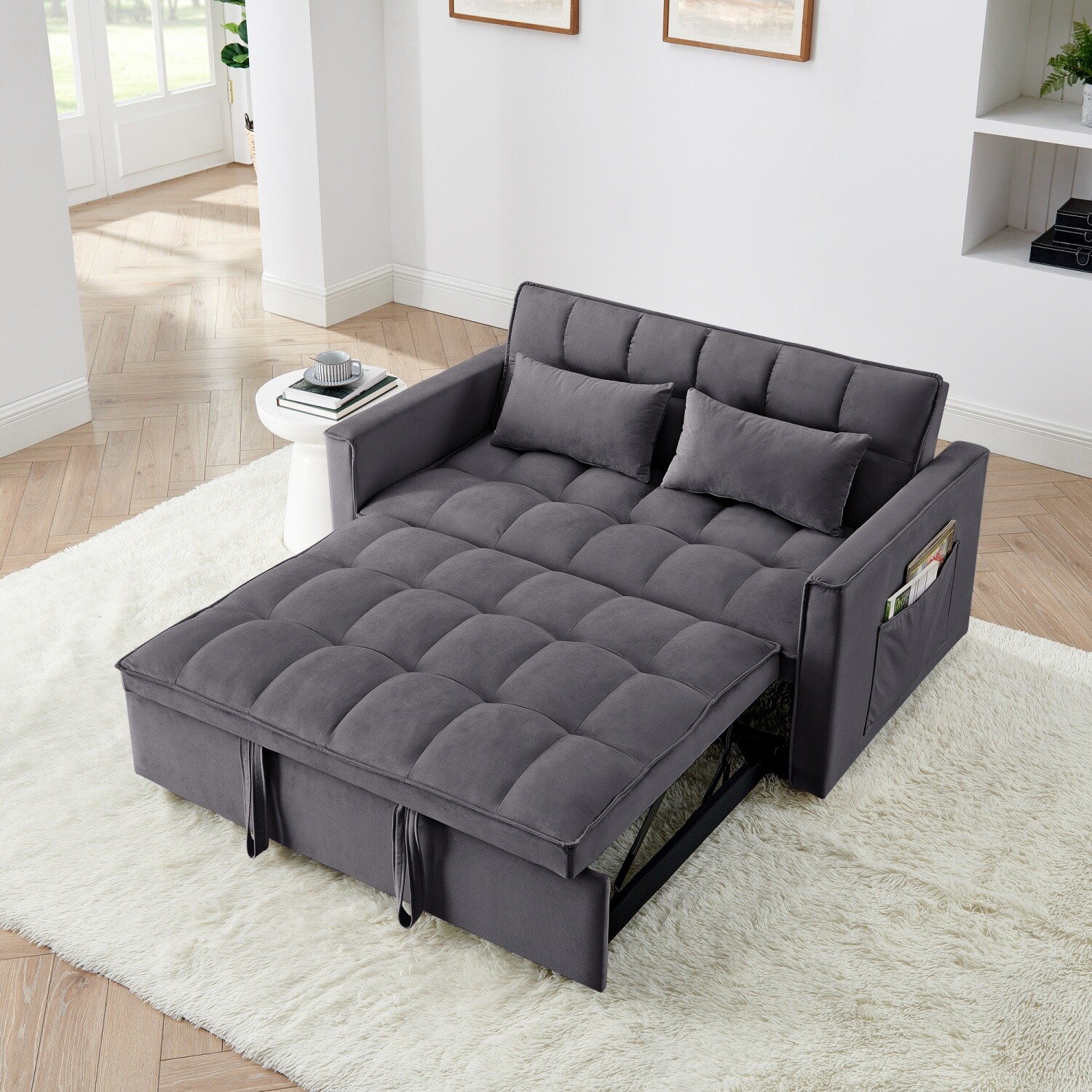 Convertible Sleeper Sofa Bed Loveseat 2 Seater Sofa w/ Pull Out Bed & 2 Pillows