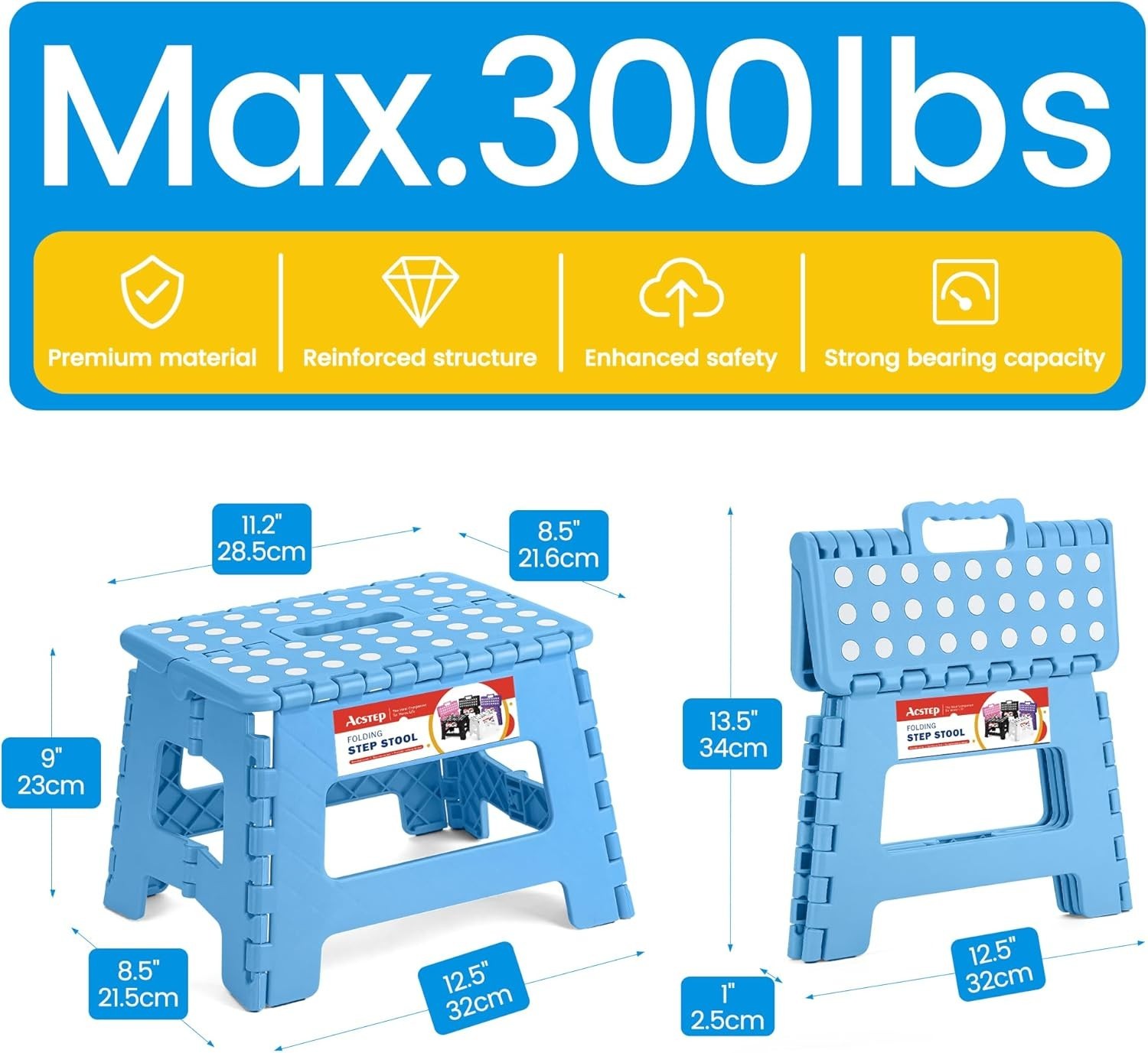 Folding Step Stool - Lightweight Plastic Step Stool 9" Foldable Step Stool Blue