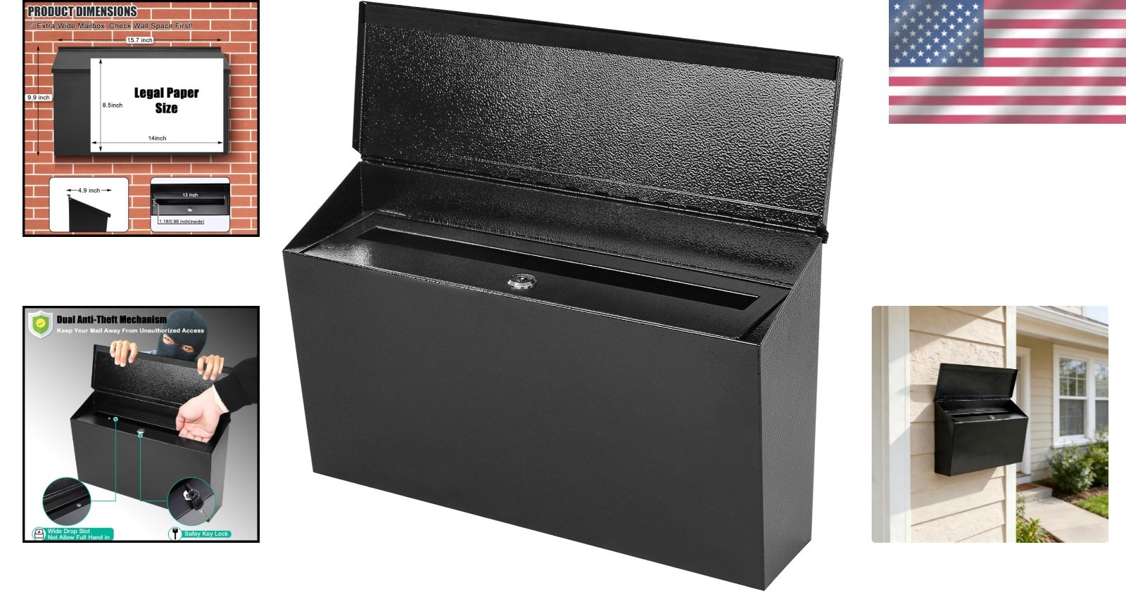 Large Capacity Locking Wall Mount Mailbox - Black