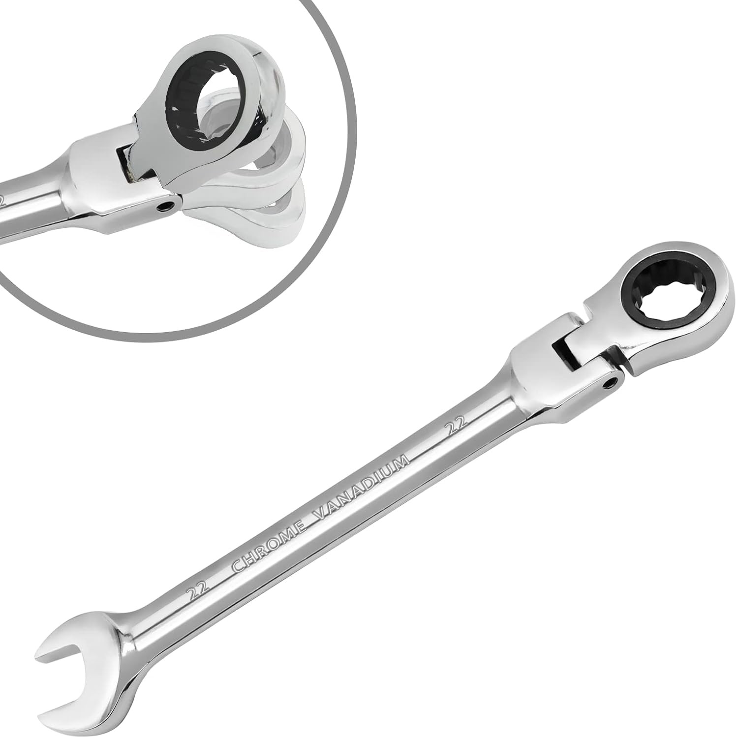 22mm Flex Head Ratchet Wrench, 12 Point Chrome Vanadium Steel 22mm, Silver
