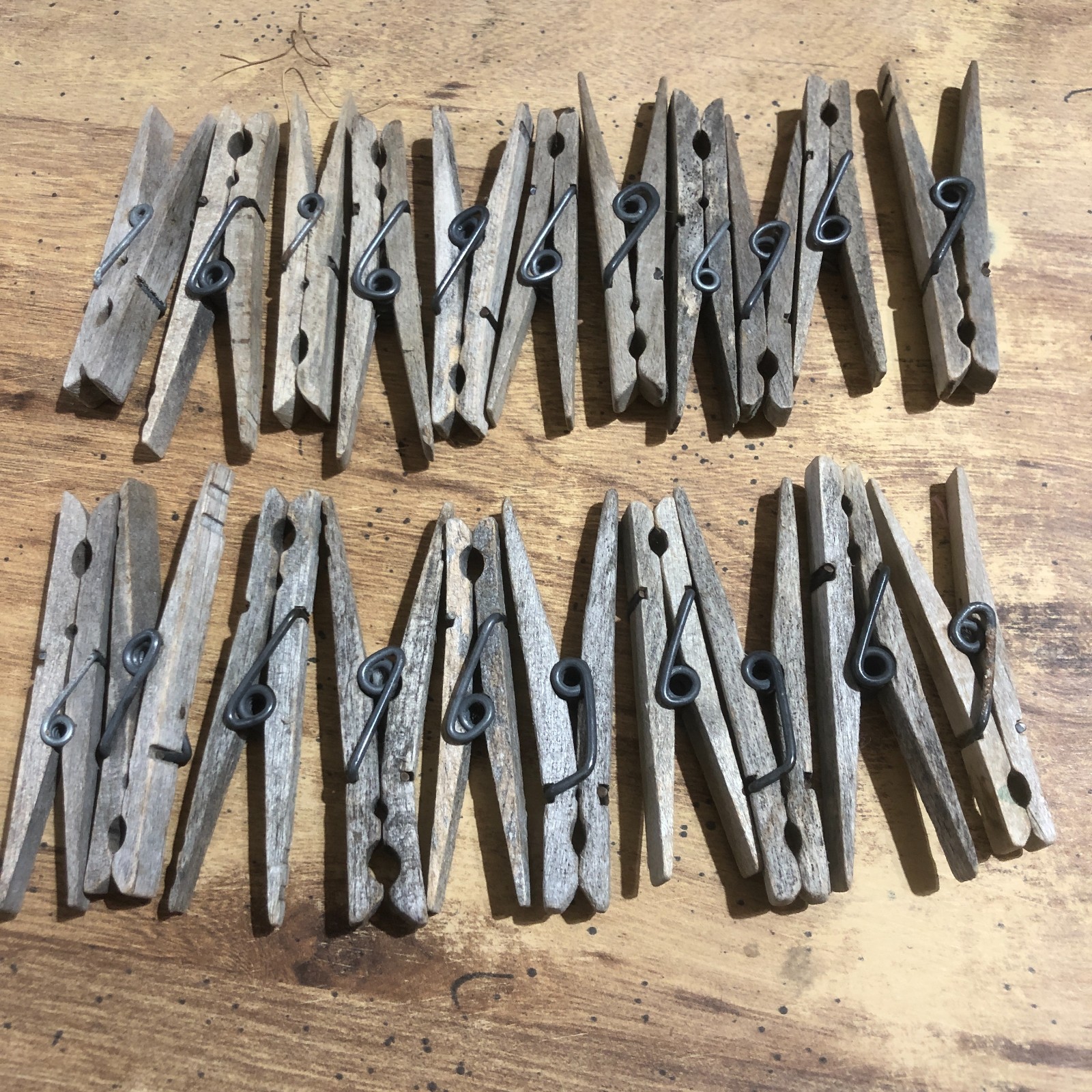 21 Vintage  Wooden Clothes Pins Spring Loaded Traditional Wooden Pins Weathered