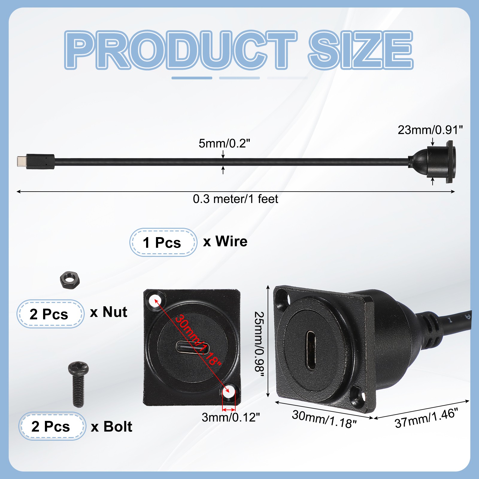 D-Type USB C 2.0 Panel Mount Extension Cable, Type-C Male to C Female, 1ft