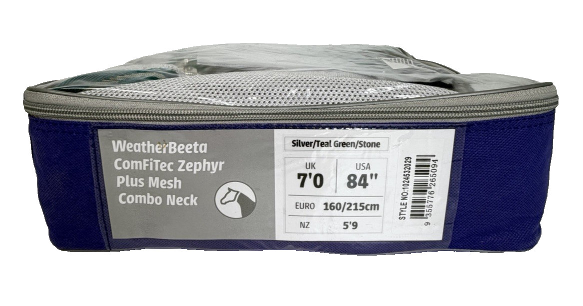 WeatherBeeta Zephyr Plus Mesh Combo Neck Fly Sheet 84” Silver Teal Belly Wrap