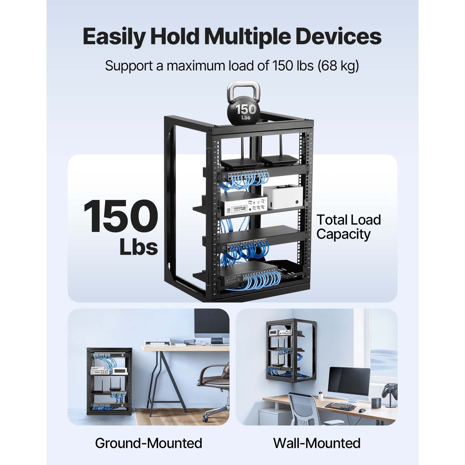 Uimoso 15U Wall-Mounted Open Frame Network Rack, 150 lbs Capacity, 180° Rotation