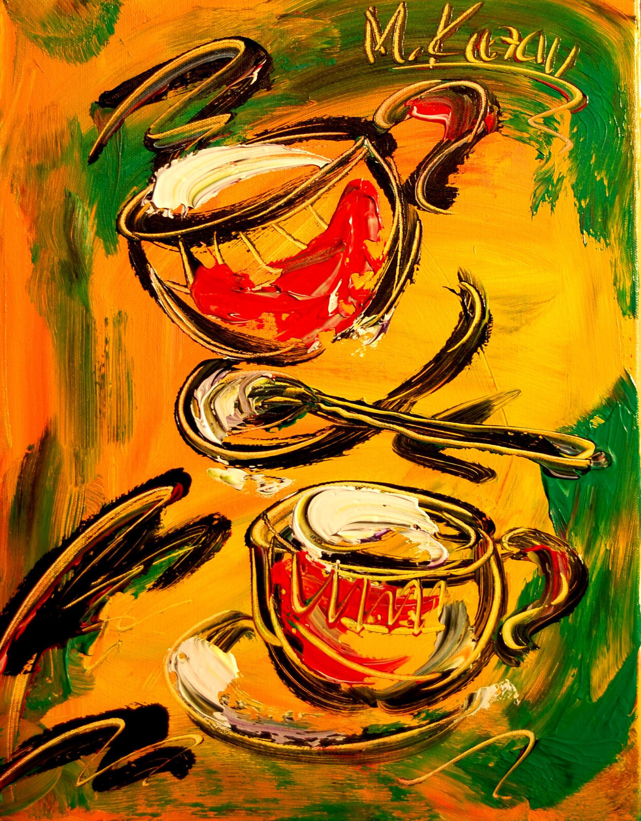 COFFEE CUPS    AMAZING Impasto  Abstract   CANVAS ORIGINAL PAINTING 3ew23